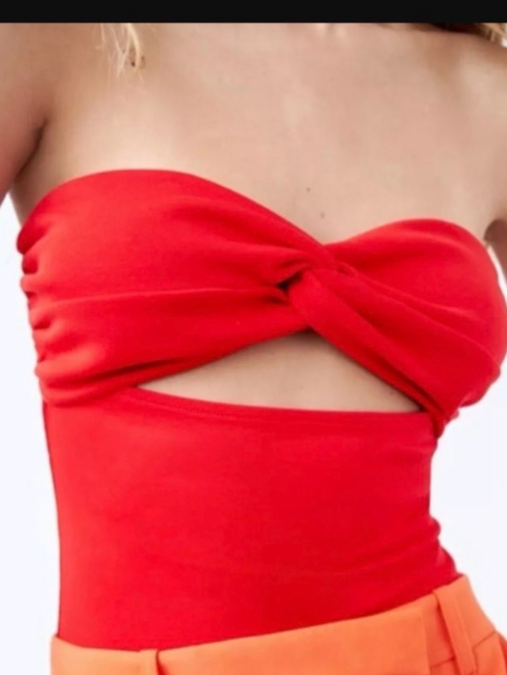 Zara Red Strapless Twist Cutout Bodysuit